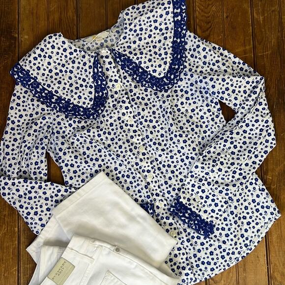 Boden Tops - Women’s Boden Statement collar ruffle blue white long sleeve blue blouse size 6